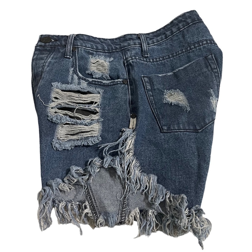 ONE Teaspoon High Waist Jean Cut Off Shorts in Blue Raw Hem Destroyed - Size 24
